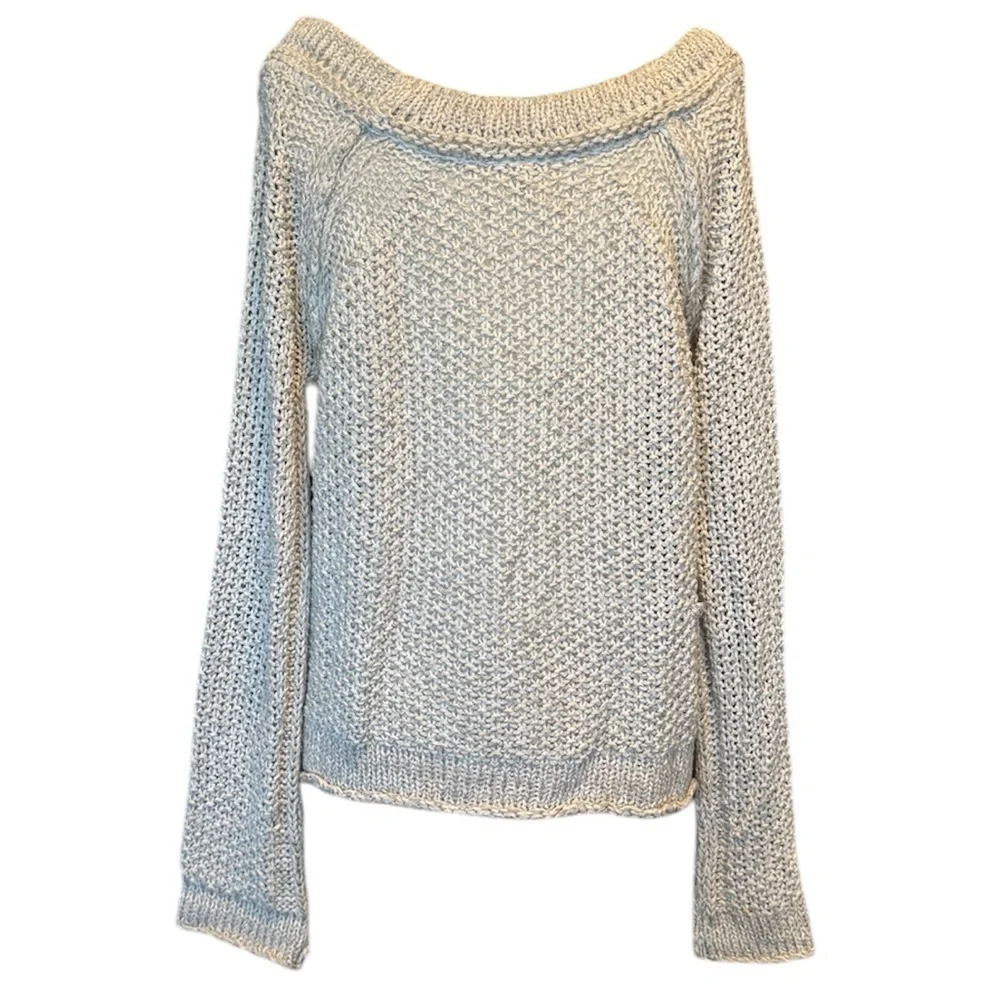 Free People Cable Knit Gray and Cream Wide Crew Neck Long Sleeve Sweater